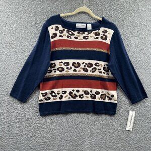 Alfred Dunner Petite XL Cruise Wear Sweater Navy Red Stripe Animal Print Sparkle